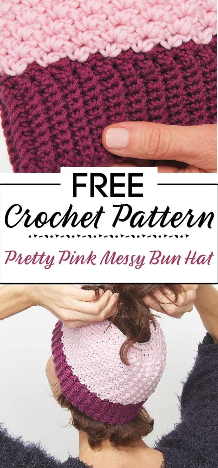 2. Pretty Pink Messy Bun Hat Crochet Pattern